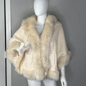 Faux Fur Cape Shawl Shrug Quiet Luxury Plush Bridal Pockets Ivory One Size